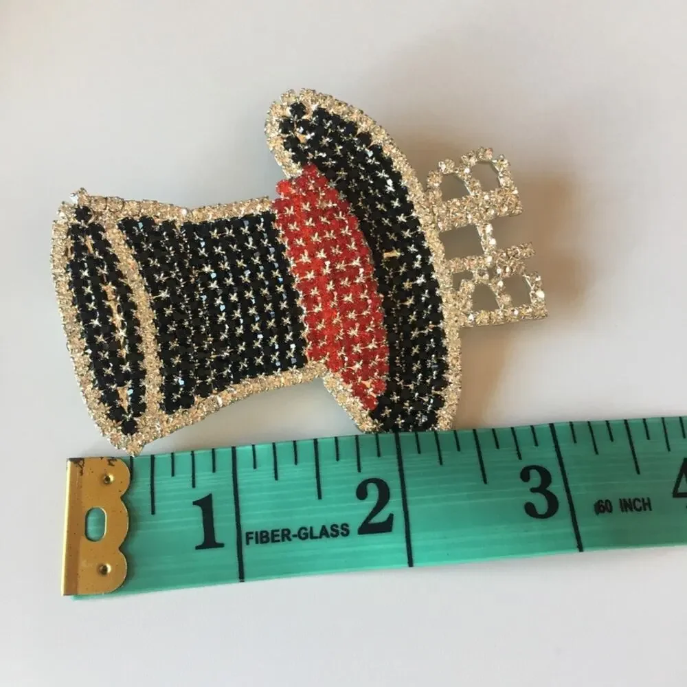 Massive rhinestone Top Hat pin - black red and clear, BHB